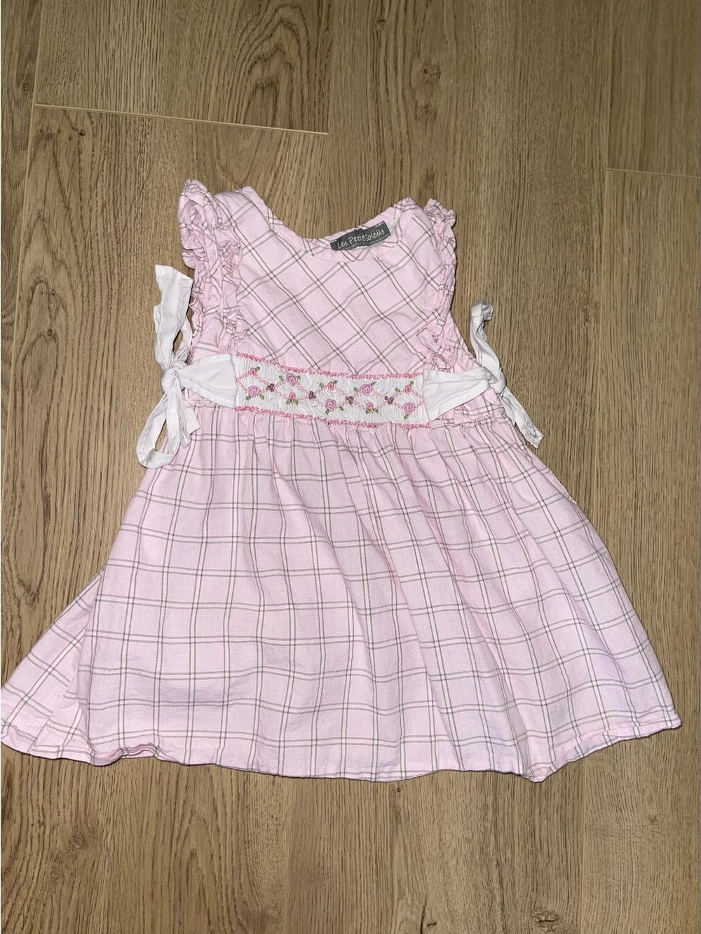 Le Petit Soleils Girls Pink Plaid Sleeveless Dress with White Side Ties (18 mo)